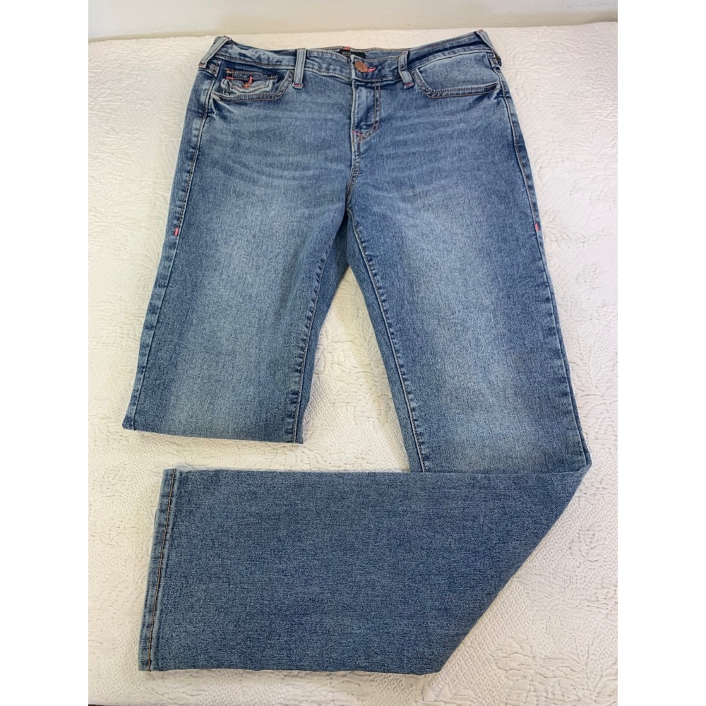 True Religion Billie Mid Rise Straight Jeans Pink Stitch Flap Pocket Blue Sz 29